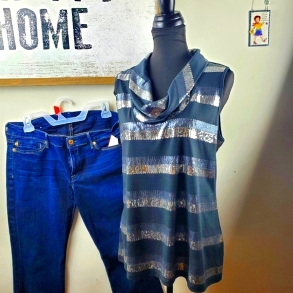 Laura Ashley Sequins Beaded Gray Silver Shell Top Size L - Picture 6 of 11